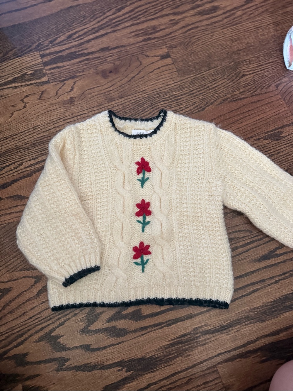 Zara Cream Cable-Knit Sweater with Red Floral Accents 12-18 m